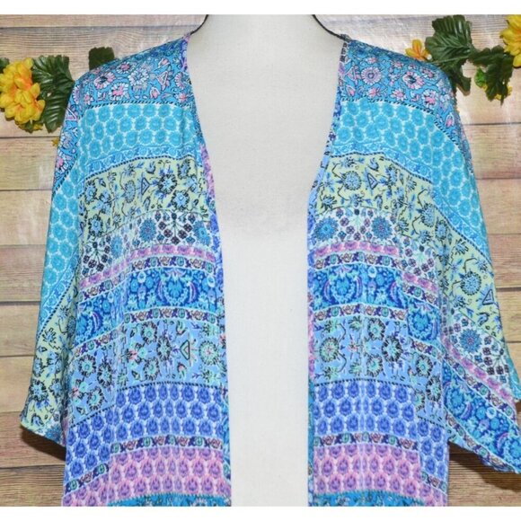Liberty Love Blue Floral Cardigan Kimono Jacket Size L Long Fringe Festival Boho - Picture 2 of 14